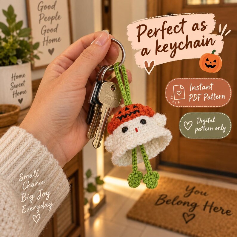 May include: A crocheted ghost keychain featuring a white body, a small orange pumpkin hat with black facial features, and two green dangling legs with clover-shaped feet. The ghost is attached to a silver metal keyring with two metal keys.