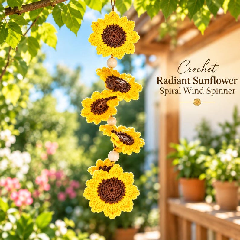 Puede incluir: Un molinillo de viento de ganchillo con cinco girasoles amarillos de centros marr&oacute;n oscuro, unidos por cuentas de madera clara. El texto "Crochet Radiant Sunflower Spiral Wind Spinner" es visible en el lado derecho de la imagen.