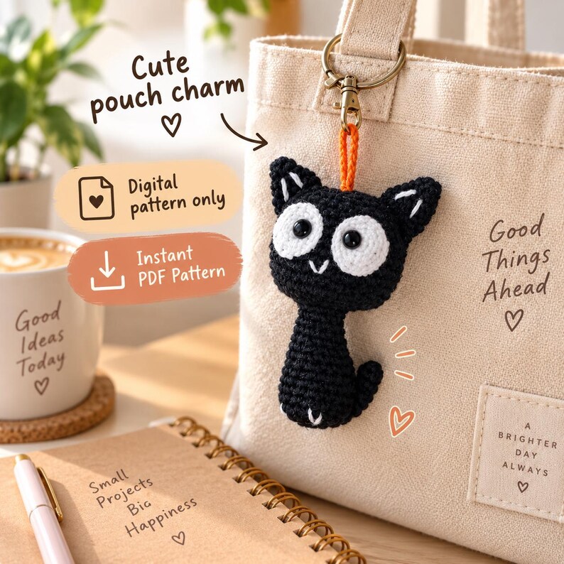May include: A black and white crocheted cat charm with large white eye patches and a small orange loop, attached to a beige canvas tote bag with a gold metal clasp. The image includes text reading Cute pouch charm, Digital pattern only, and Instant PDF Pattern.