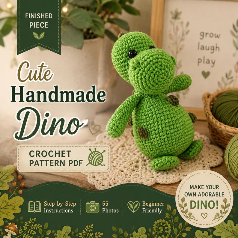 Op de afbeelding: Een gehaakte groene dinosaurus met donkergroene vlekken, zwarte ogen en een rond lichaam. De afbeelding bevat de tekst: Finished Piece, Cute Handmade Dino, Crochet Pattern PDF, Make Your Own Adorable Dino, Step-by-Step Instructions, 55 Photos, Beginner Friendly.