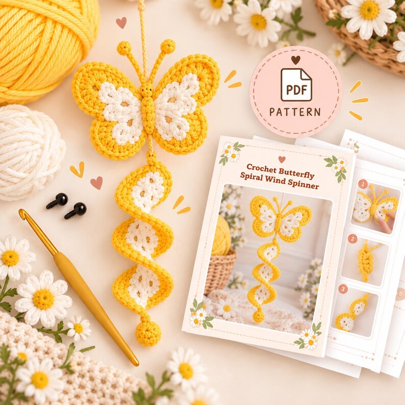 Puede incluir: Un m&oacute;vil de mariposa tejido en crochet amarillo y blanco con una cola en espiral, acompa&ntilde;ado de un ganchillo dorado, dos ojos de seguridad negros, ovillos de lana y una gu&iacute;a PDF impresa titulada Crochet Butterfly Spiral Wind Spinner.