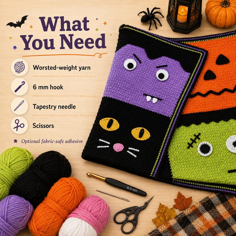 May include: A crochet pattern guide titled What You Need featuring worsted-weight yarn, a 6 mm hook, tapestry needle, and scissors. The image displays finished crochet panels depicting a vampire, a black cat, a pumpkin, and a monster face.
