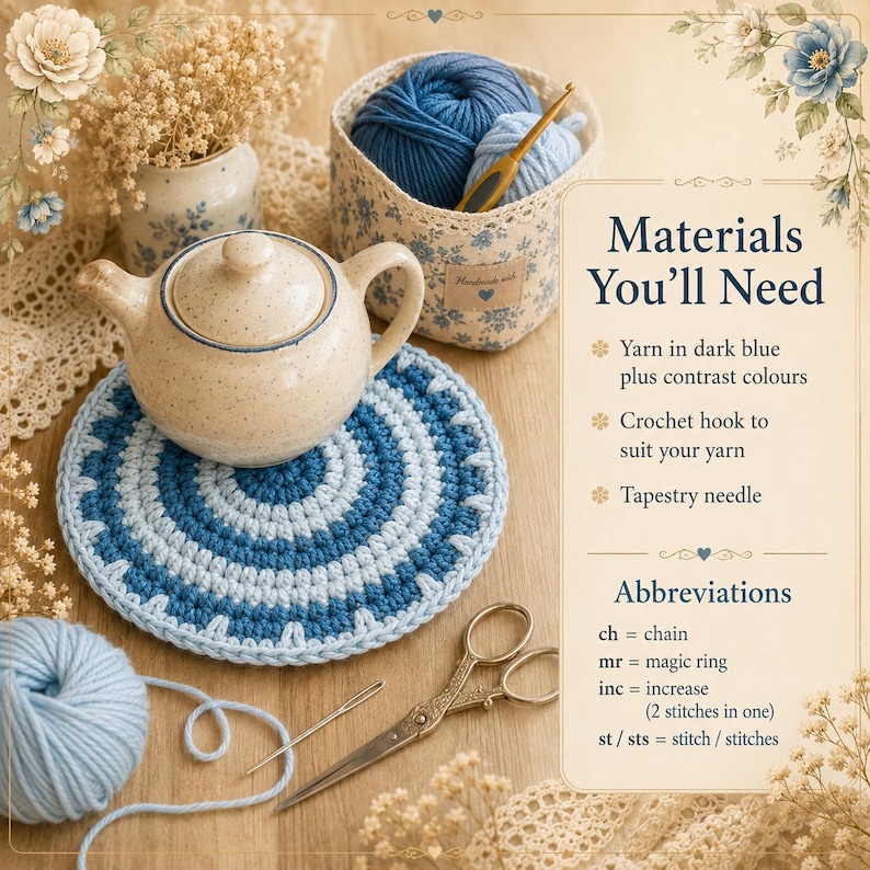 May include: A speckled ceramic teapot sits on a round blue and light blue striped crochet coaster. Nearby is a fabric basket containing blue yarn, a crochet hook, a tapestry needle, and scissors. Text lists materials and crochet abbreviations.