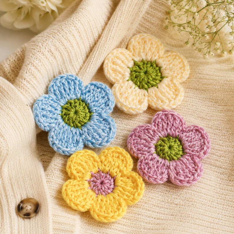 May include: Four crocheted flower appliques featuring five rounded petals each. One flower is light blue with a green center, one is pale yellow with a green center, one is light purple with a green center, and one is bright yellow with a purple center.