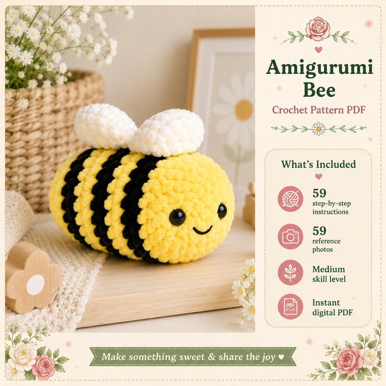 Puede incluir: Una abeja amigurumi de ganchillo con rayas amarillas y negras y alas blancas. El texto dice: Amigurumi Bee Crochet Pattern PDF, What's Included, 59 step-by-step instructions, 59 reference photos, Medium skill level, Instant digital PDF.