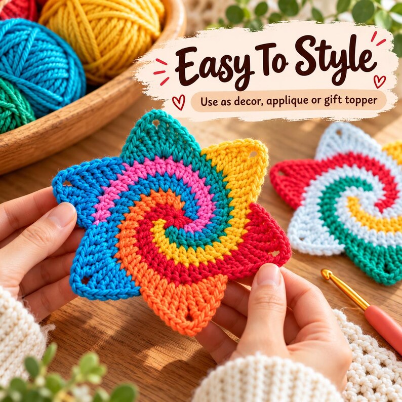 May include: A six-pointed star-shaped crochet motif featuring a spiral pattern in blue, pink, orange, and red yarn. The text "Easy To Style" and "Use as decor, applique or gift topper" is printed above the crochet piece.