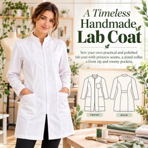 May include: A white lab coat featuring a stand collar, a full-length front zipper, princess seams, and three patch pockets. The image includes text reading A Timeless Handmade Lab Coat, along with a technical line drawing showing front and back views.