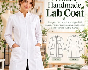 May include: A white lab coat featuring a stand collar, a full-length front zipper, princess seams, and three patch pockets. The image includes text reading A Timeless Handmade Lab Coat, along with a technical line drawing showing front and back views.