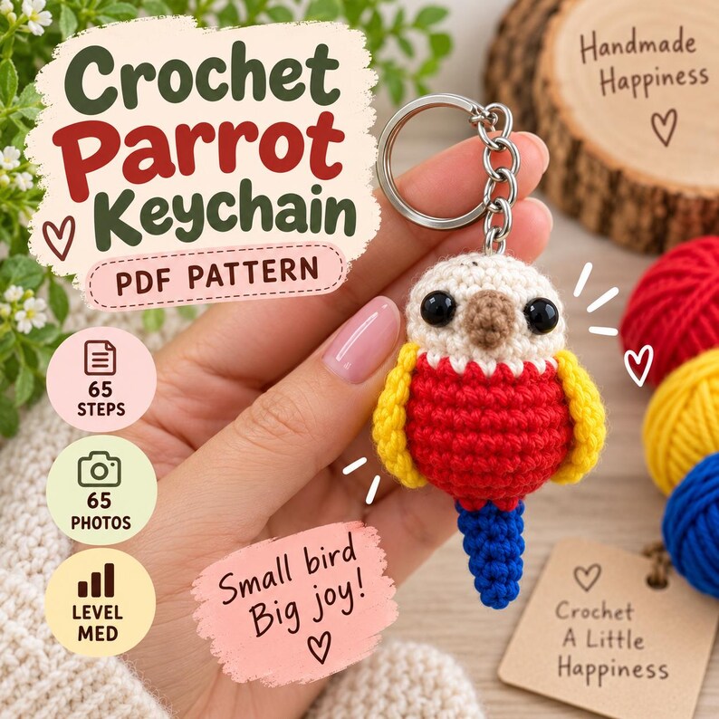 May include: A crochet parrot keychain with a cream head, red body, yellow wings, and a blue tail, attached to a silver metal ring. Text on the image includes Crochet Parrot Keychain, PDF PATTERN, 65 STEPS, 65 PHOTOS, LEVEL MED, Small bird Big joy!, Handmade Happiness, and Crochet A Little Happiness.