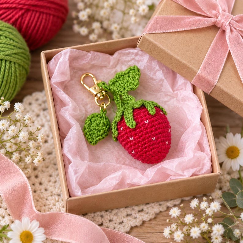 May include: A red crocheted strawberry keychain with green leaves and a small separate green leaf charm attached to a gold-toned metal lobster clasp, presented inside a brown cardboard gift box lined with light pink tissue paper.