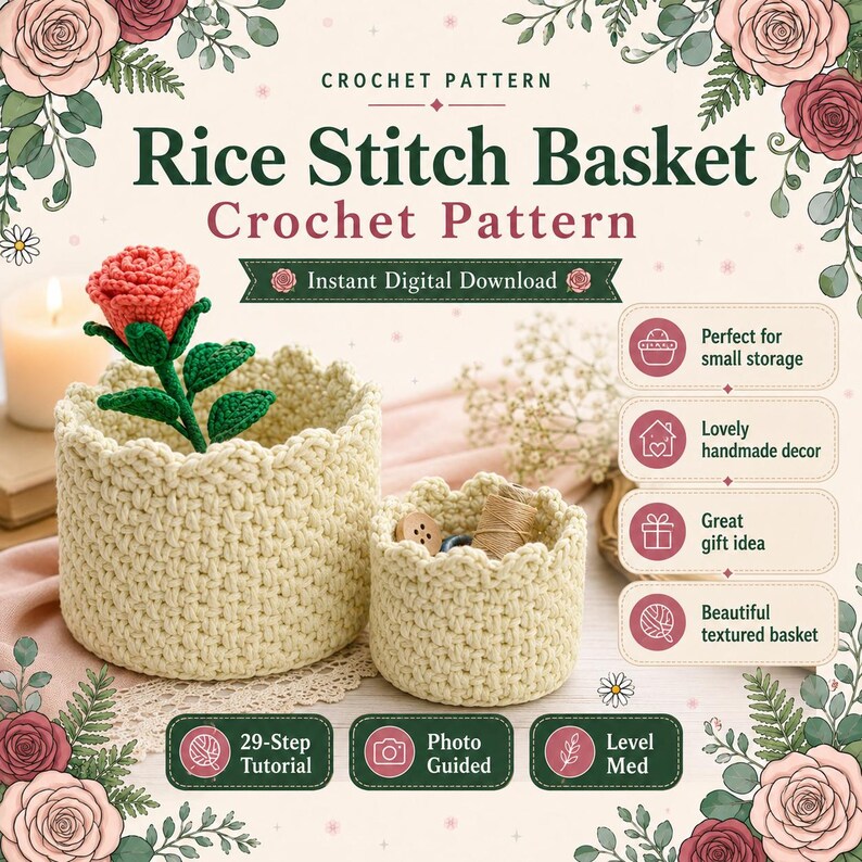 Op de afbeelding: Een digitaal haakpatroon voor een rijststeekmand, met twee cr&egrave;mekleurige, getextureerde manden met geschulpte randen. E&eacute;n mand bevat een gehaakte rode roos met groene bladeren. De tekst luidt Rice Stitch Basket Crochet Pattern.