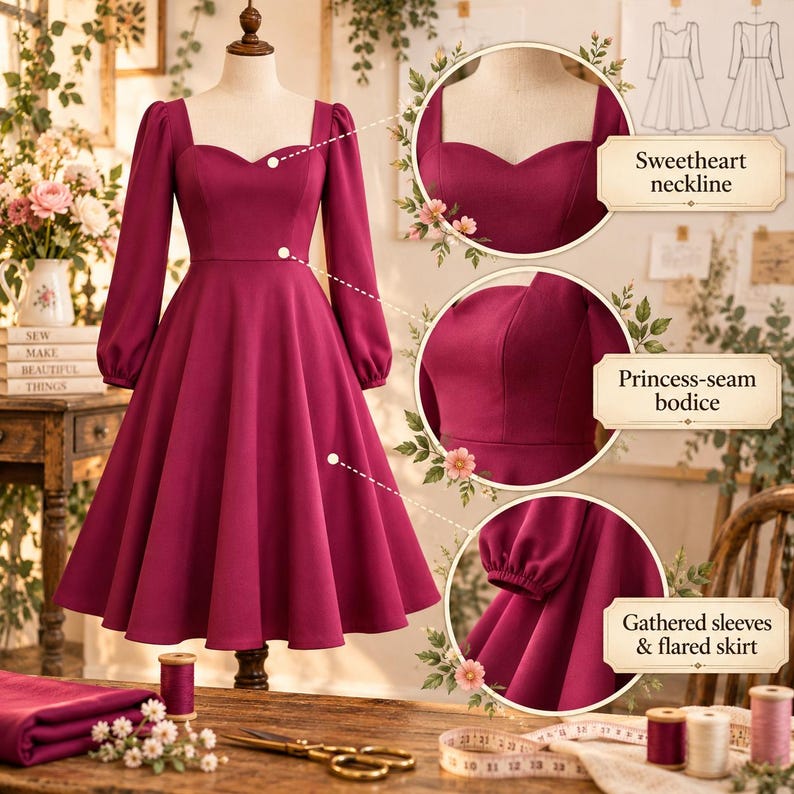 May include: A magenta dress featuring a sweetheart neckline, a princess-seam bodice, and long gathered sleeves. The dress has a flared skirt. Text labels on the image identify the sweetheart neckline, princess-seam bodice, and gathered sleeves.