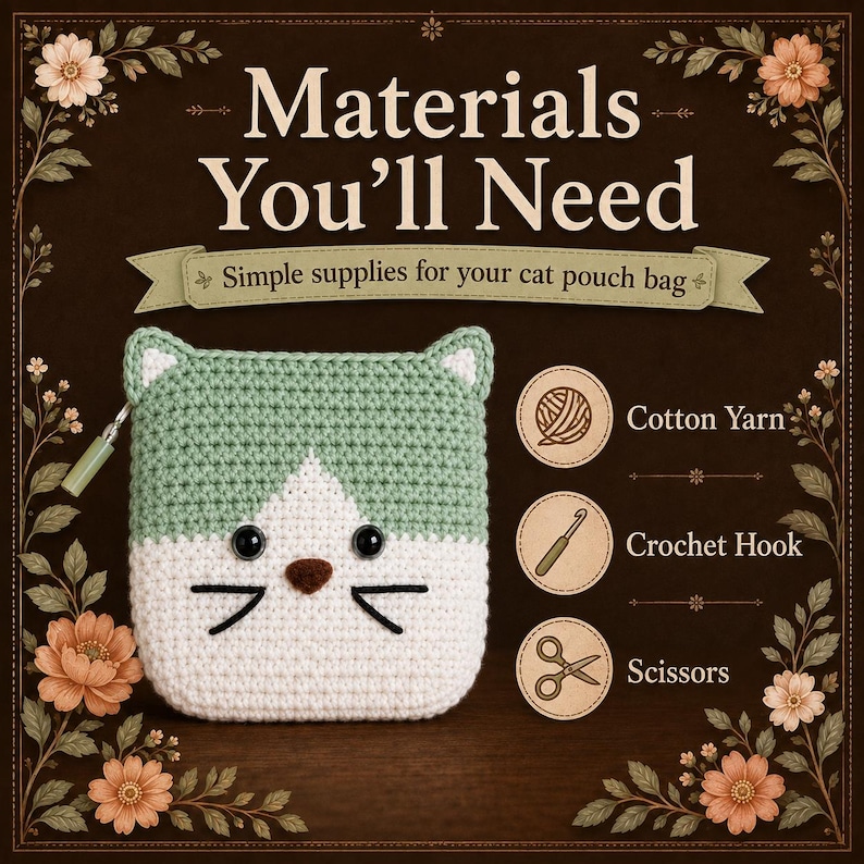 May include: A crochet cat pouch bag with a light green top and white bottom, featuring black eyes, a brown nose, and black whiskers. The image includes text: Materials You'll Need, Simple supplies for your cat pouch bag, Cotton Yarn, Crochet Hook, Scissors.