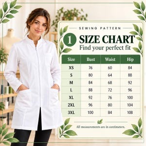 Peut inclure: Une tunique blanche zipp&eacute;e avec un col officier et trois poches, pr&eacute;sent&eacute;e &agrave; c&ocirc;t&eacute; d'un tableau des tailles de patron de couture. Le tableau indique les tailles XS &agrave; 3XL avec les mesures correspondantes de buste, taille et hanches en centim&egrave;tres.