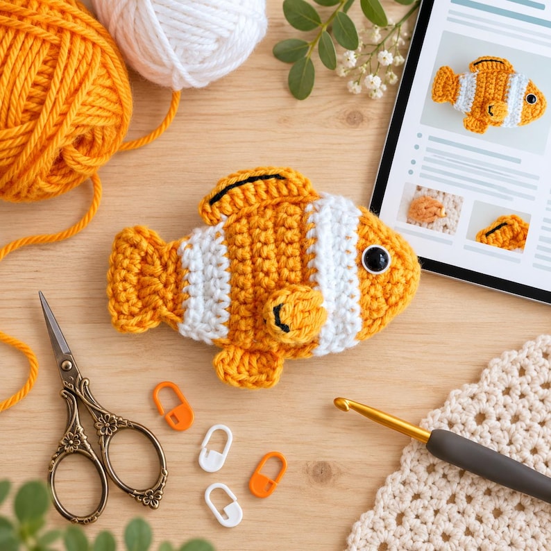 May include: A crocheted clownfish toy with orange and white stripes and a black eye, accompanied by orange and white yarn balls, vintage-style metal scissors, four plastic stitch markers, a crochet hook, and a tablet displaying a pattern.
