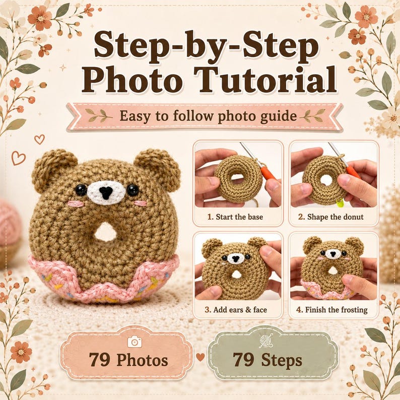 Op de afbeelding: Een stapsgewijze fotohandleiding voor het haken van een bruine beer-vormige donut met roze glazuur en kleurrijke spikkels. De gids bevat de tekst Step-by-Step Photo Tutorial, 79 Photos, 79 Steps en vier instructieafbeeldingen van het proces.