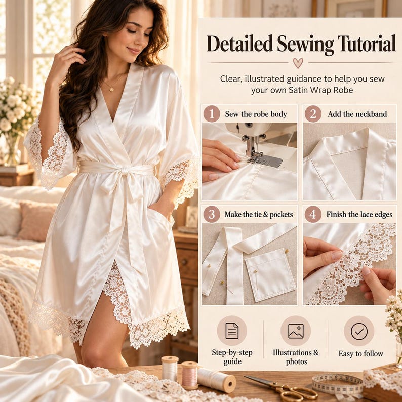 K&ouml;nnte beinhalten: Ein wei&szlig;er Satin-Wickelmantel mit Spitzenbesatz an den &Auml;rmeln und am Saum. Das Bild enth&auml;lt eine detaillierte N&auml;hanleitung mit dem Text: Detailed Sewing Tutorial, Clear, illustrated guidance to help you sew your own Satin Wrap Robe, 1 Sew the robe body, 2 Add the neckband, 3 Make the tie & pockets, 4 Finish the lace edges, Step-by-step guide, Illustrations & photos, Easy to follow.