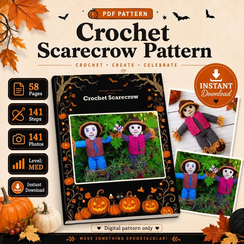 May include: A digital PDF crochet pattern for a scarecrow, featuring 58 pages, 141 steps, and 141 photos. The cover displays two crocheted scarecrows in blue and pink outfits, surrounded by pumpkin and bat illustrations with the text Crochet Scarecrow Pattern.