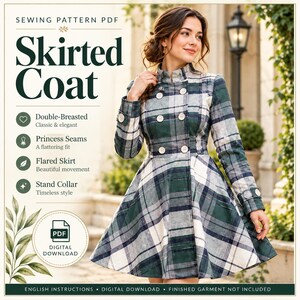 May include: A sewing pattern PDF for a double-breasted skirted coat featuring a stand collar, princess seams, and a flared skirt. The coat has a green, white, and navy blue plaid pattern with white buttons. Text includes SEWING PATTERN PDF, SKIRTED COAT, and DIGITAL DOWNLOAD.