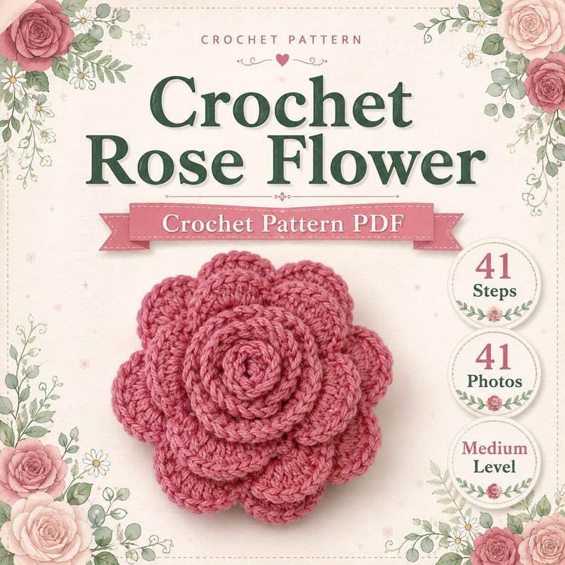 May include: A digital crochet pattern document titled Crochet Rose Flower featuring a central image of a dark pink crocheted rose. The document includes text indicating 41 steps, 41 photos, and a medium skill level, surrounded by floral illustrations.