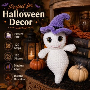 May include: A white crocheted ghost plush toy wearing a purple witch hat with large black eyes and a small red stitched mouth. The text on the image includes Perfect for Halloween Decor, Pattern PDF, 120 Steps, 120 Photos, Medium Level, and Instant Download.