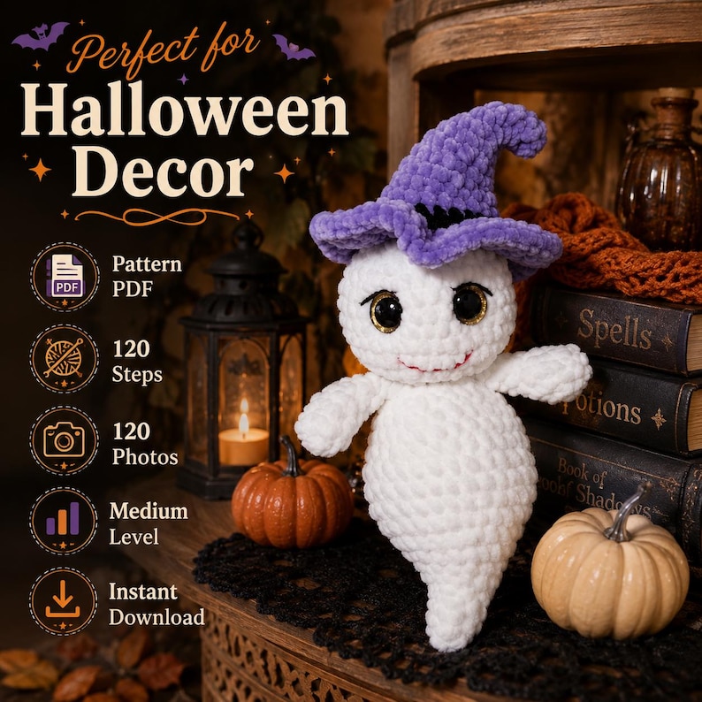 May include: A white crocheted ghost plush toy wearing a purple witch hat with large black eyes and a small red stitched mouth. The text on the image includes Perfect for Halloween Decor, Pattern PDF, 120 Steps, 120 Photos, Medium Level, and Instant Download.