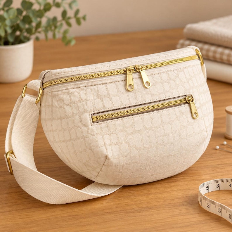 May include: A cream-colored crescent-shaped crossbody bag featuring a textured crocodile-embossed pattern, gold-tone metal zippers, and a wide adjustable fabric strap. A white measuring tape is visible in the corner of the frame.