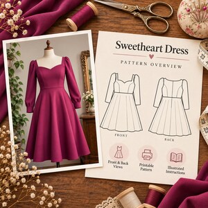 May include: A sewing pattern for a sweetheart dress featuring a magenta dress on a mannequin and a printed overview sheet with front and back line drawings, text labels, and icons for printable patterns and illustrated instructions.