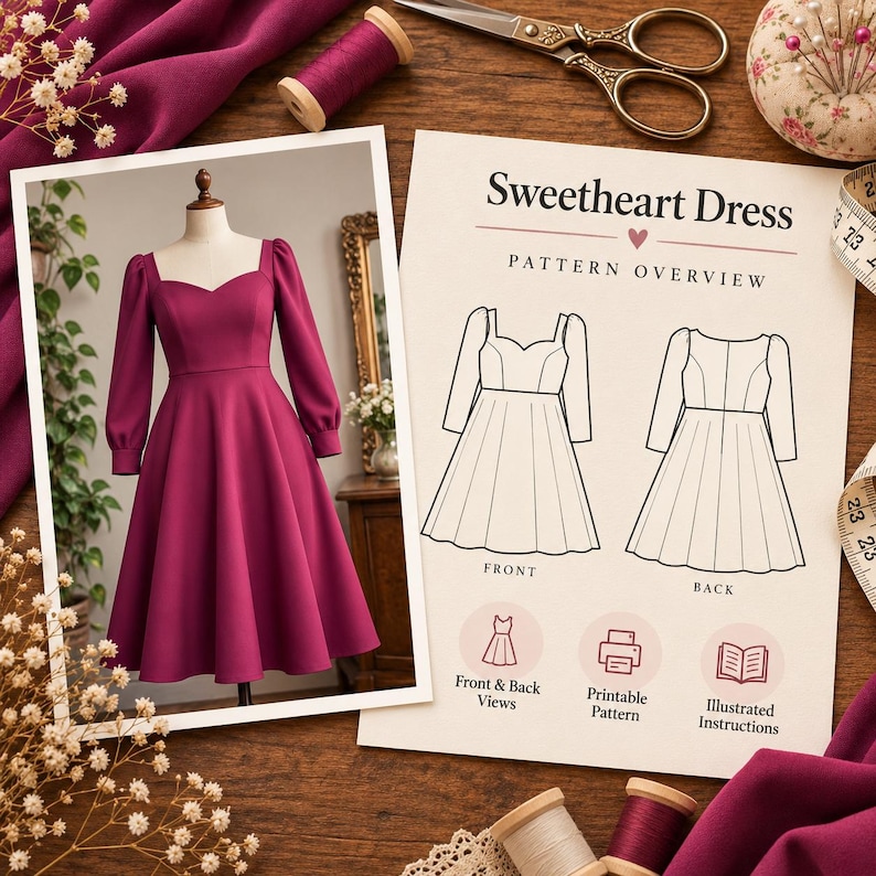 May include: A sewing pattern for a sweetheart dress featuring a magenta dress on a mannequin and a printed overview sheet with front and back line drawings, text labels, and icons for printable patterns and illustrated instructions.