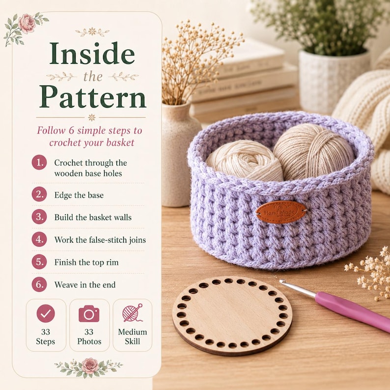 May include: A light purple crochet basket containing two beige yarn balls, featuring a brown leather tag labeled Hand Made. Beside it lies a circular wooden base with pre-drilled holes and a crochet hook. Text reads Inside the Pattern.