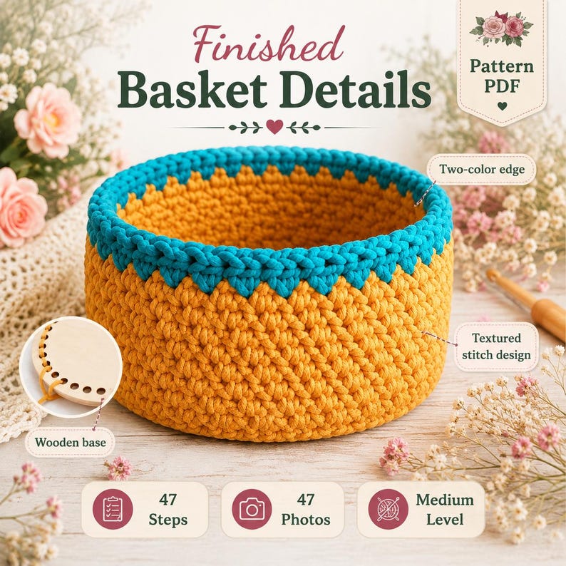 May include: A round crochet basket featuring a mustard yellow body with a textured stitch design and a teal blue rim. The basket includes a circular wooden base with pre-drilled holes. Text on the image reads Finished Basket Details, Pattern PDF, 47 Steps, 47 Photos, Medium Level, Two-color edge, Textured stitch design, and Wooden base.