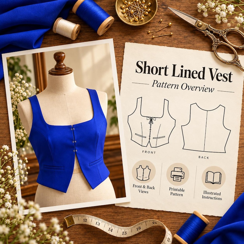 May include: A royal blue sleeveless vest with a square neckline and front hook-and-eye closures, displayed on a mannequin next to a paper pattern overview titled Short Lined Vest with front and back line drawings and sewing icons.