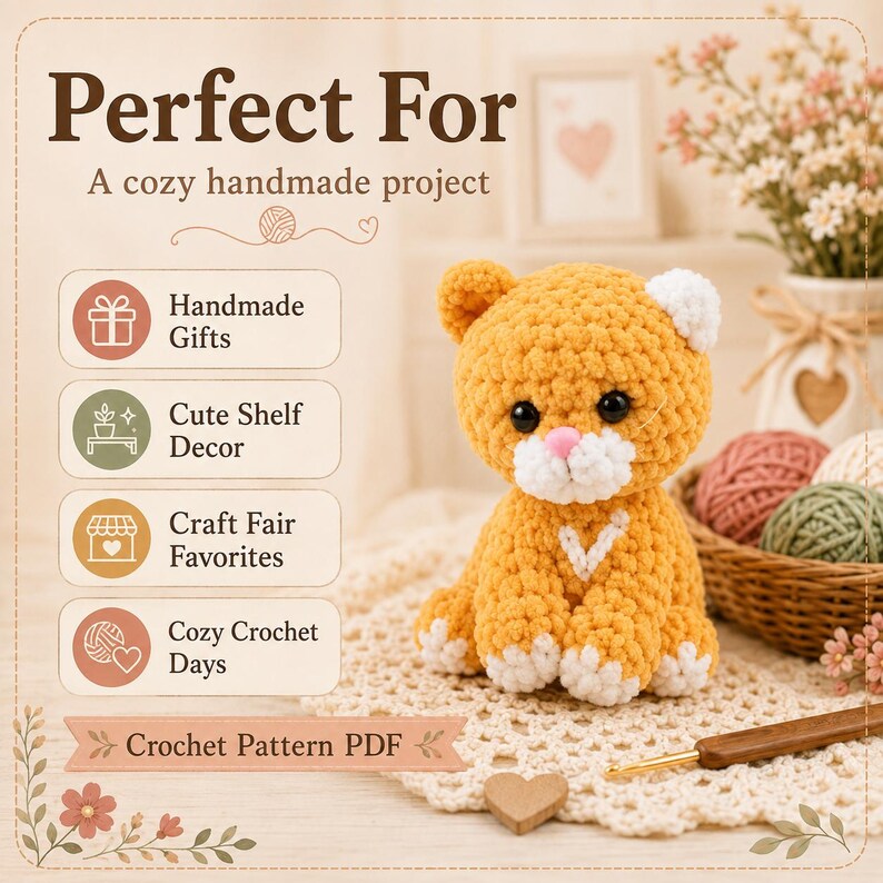 May include: A golden-yellow crocheted cat plush with white paws, a white muzzle, and a pink nose. The text reads Perfect For A cozy handmade project, Handmade Gifts, Cute Shelf Decor, Craft Fair Favorites, Cozy Crochet Days, and Crochet Pattern PDF.
