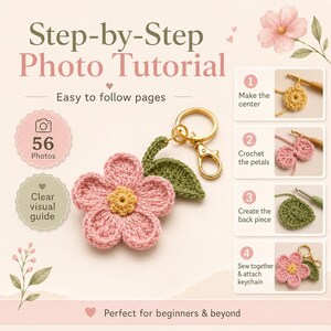 K&ouml;nnte beinhalten: Ein geh&auml;kelter Blumen-Schl&uuml;sselanh&auml;nger mit rosa Bl&uuml;tenbl&auml;ttern und gelber Mitte, befestigt an einem goldenen Metallring. Das Bild enth&auml;lt Text: Step-by-Step Photo Tutorial, 56 Photos, Clear visual guide und vier nummerierte Montageschritte.