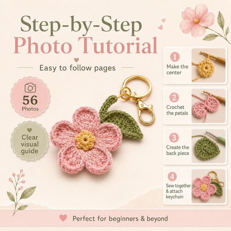 K&ouml;nnte beinhalten: Ein geh&auml;kelter Blumen-Schl&uuml;sselanh&auml;nger mit rosa Bl&uuml;tenbl&auml;ttern und gelber Mitte, befestigt an einem goldenen Metallring. Das Bild enth&auml;lt Text: Step-by-Step Photo Tutorial, 56 Photos, Clear visual guide und vier nummerierte Montageschritte.