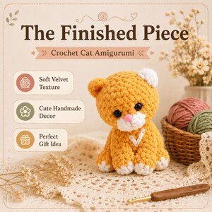 May include: A golden-yellow crochet cat amigurumi with white paws, a white muzzle, and a pink nose. The text reads: The Finished Piece, Crochet Cat Amigurumi, Soft Velvet Texture, Cute Handmade Decor, Perfect Gift Idea. A 3.0 mm crochet hook is visible.