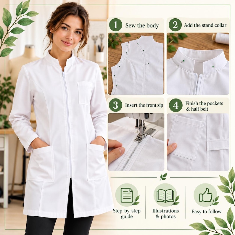 Peut inclure: Une blouse blanche avec un col montant, une fermeture &eacute;clair sur toute la longueur et deux grandes poches plaqu&eacute;es. L'image comprend un tutoriel de couture en quatre &eacute;tapes montrant comment coudre le corps, fixer le col, ins&eacute;rer la fermeture.