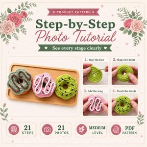 May include: A crochet pattern tutorial featuring three handmade yarn donuts in green, pink, and light green on a wooden tray. The document includes text titled Step-by-Step Photo Tutorial, 21 steps, 21 photos, medium level, and PDF pattern.