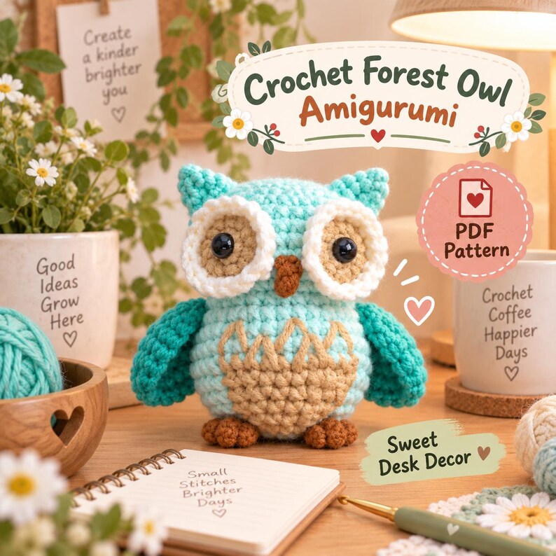 Op de afbeelding: Een gehaakte uil amigurumi in lichtblauw en beige met grote zwarte ogen, witte oogranden en een kleine bruine snavel. De uil heeft een gestructureerd steekpatroon op de borst en vleugels en staat rechtop als decoratie.