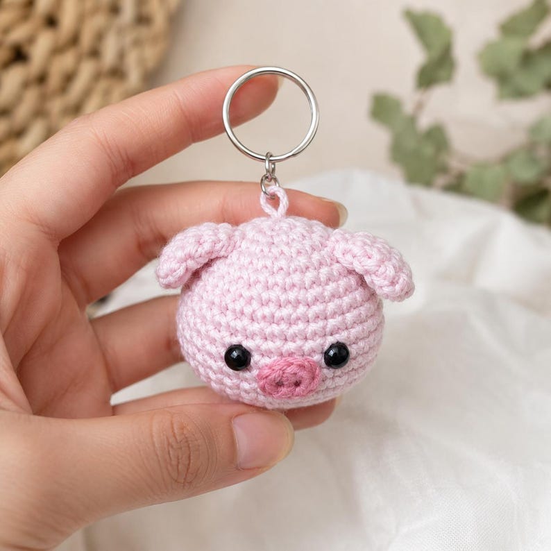 May include: A light pink crocheted pig head keychain featuring a round shape, two small ears, a darker pink snout, and two black bead eyes. The pig is attached to a silver-colored metal split ring by a small metal loop at the top of the head.
