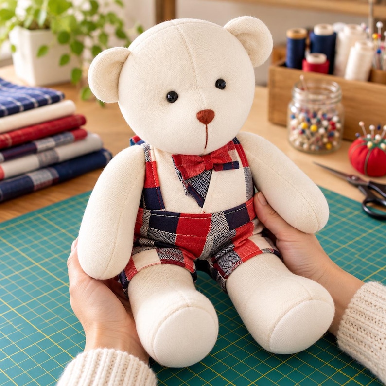 May include: A cream-colored plush teddy bear wearing red and navy blue plaid overalls with matching suspenders and a small bow tie. The bear has dark round eyes and a brown stitched nose, crafted from soft fabric with visible seams.