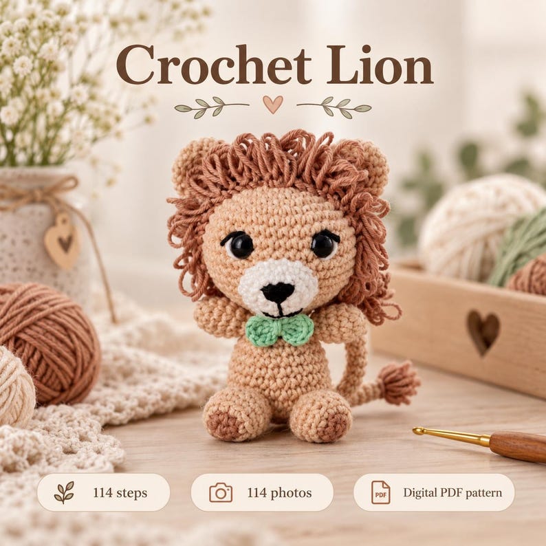 May include: A tan crochet lion amigurumi with a brown yarn mane, black safety eyes, and a light green bow tie. The image includes the text "Crochet Lion", "114 steps", "114 photos", and "Digital PDF pattern" with a small heart icon.
