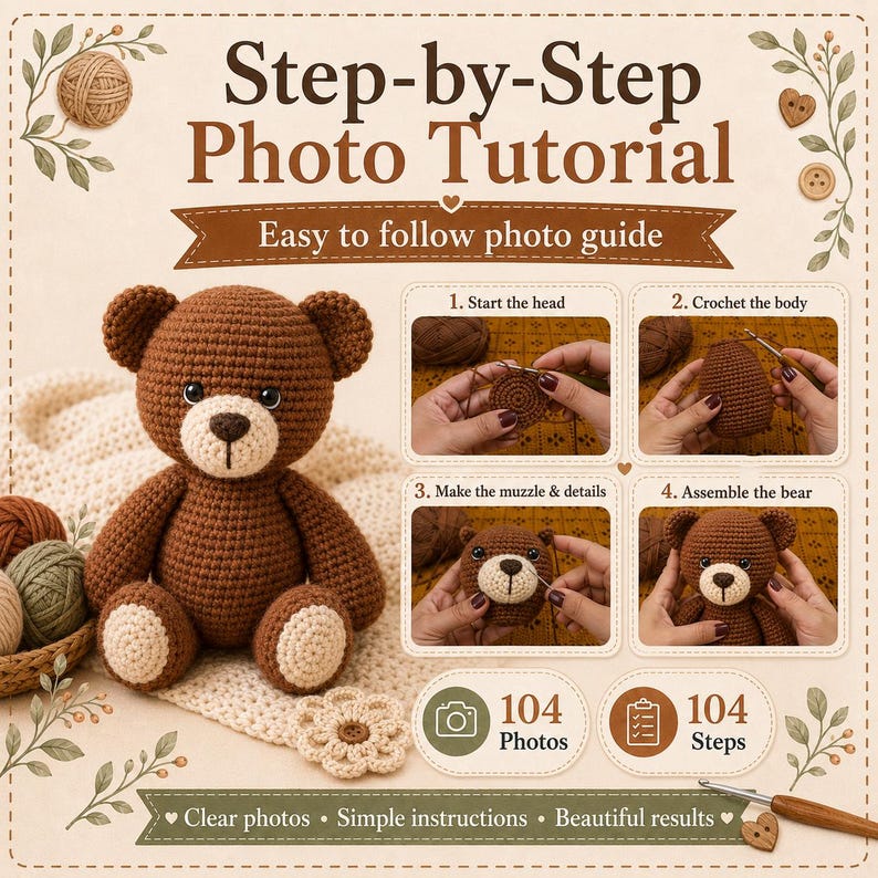 May include: A step-by-step photo tutorial for a crocheted brown bear. The guide features a finished bear, four instructional panels showing the process, and text stating Step-by-Step Photo Tutorial, 104 Photos, and 104 Steps.