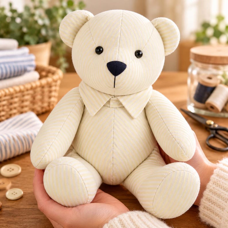 May include: A stuffed teddy bear made of cream-colored fabric with a subtle light yellow diagonal stripe pattern. The bear features a small fabric collar around its neck, two round black plastic eyes, and a stitched dark navy blue nose.