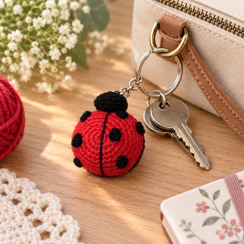 May include: A round, crocheted ladybug keychain featuring a vibrant red body with black spots and a small black head. The ladybug is attached to a silver-toned metal split ring and chain, which holds two metallic keys. The keychain is attached to a bag.
