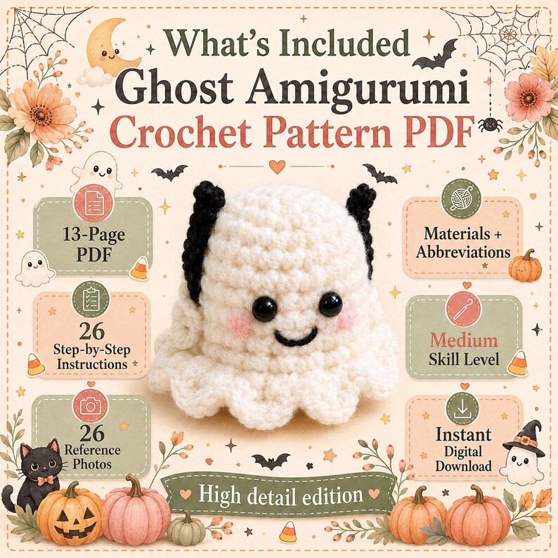May include: A digital crochet pattern for a white ghost amigurumi with black ears, black eyes, and pink cheeks. The text reads: What's Included Ghost Amigurumi Crochet Pattern PDF, 13-Page PDF, 26 Step-by-Step Instructions, 26 Reference Photos, High detail edition, Materials + Abbreviations, Medium Skill Level, Instant Digital Download.