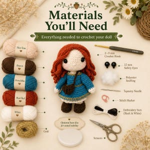 Mönster för virkad docka med lockigt hår i PDF-format, virkmönster för amigurumi-docka, handledning för dockor med rött hår, fotoguide i 106 steg, direktnedladdning bild 4