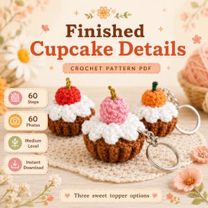 May include: Three crocheted cupcake keychains with brown bases, white frosting, and red, pink, or orange toppers. The text reads Finished Cupcake Details, Crochet Pattern PDF, 60 Steps, 60 Photos, Medium Level, Instant Download, and Three sweet topper options.