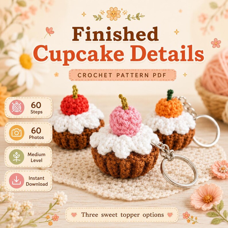 May include: Three crocheted cupcake keychains with brown bases, white frosting, and red, pink, or orange toppers. The text reads Finished Cupcake Details, Crochet Pattern PDF, 60 Steps, 60 Photos, Medium Level, Instant Download, and Three sweet topper options.