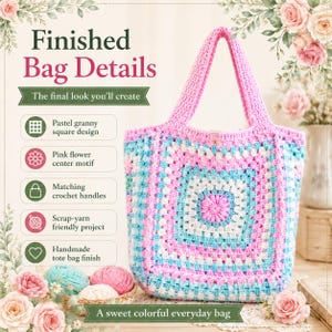 Może przedstawiać: Szydełkowa torba typu tote z pastelowym wzorem granny square, r&oacute;żowym motywem kwiatowym pośrodku, białymi i jasnoniebieskimi akcentami oraz pasującymi szydełkowymi uchwytami. Tekst zawiera Finished Bag Details, The final look you'll create oraz A sweet colorful everyday bag.